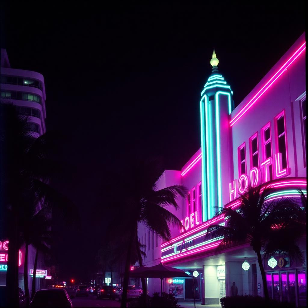 Miami Art Deco hotel facade glowing in neon at night